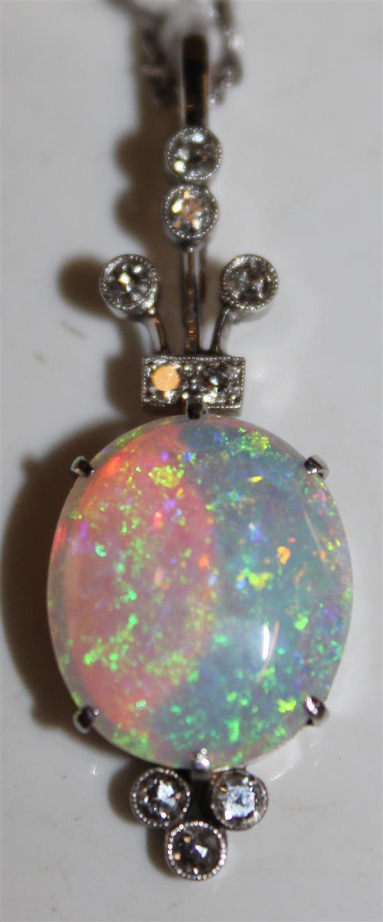 White gold, cabochon opal and diamond pendant, on 9ct white gold chain